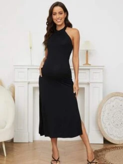 Maternity Solid Halter Neck Backless Dress -SHEIN STORE 167894384116ea2c49f2ec169021e5282bb1438c47 thumbnail 405x552