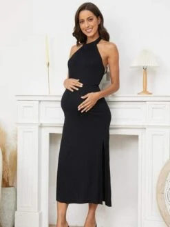 Maternity Solid Halter Neck Backless Dress -SHEIN STORE 1678943842f1780dc89b0e5c00cb830a912e577640 thumbnail 405x552