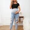 SHEIN Maternity Adjustable Elastic Waist Ripped Frayed Cut Out Jeans