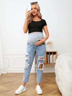 SHEIN Maternity Adjustable Elastic Waist Ripped Frayed Cut Out Jeans