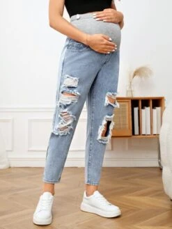 SHEIN Maternity Adjustable Elastic Waist Ripped Frayed Cut Out Jeans -SHEIN STORE 16790205915d2232e699104f1996098341460e19ea thumbnail 405x552