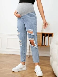SHEIN Maternity Adjustable Elastic Waist Ripped Frayed Cut Out Jeans -SHEIN STORE 1679020594fa3be9b686ee64245bfa0bda62241bba thumbnail 405x552