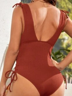 SHEIN Maternity Plunging Neck Tie Shoulder Rib-Knit One Piece Swimsuit