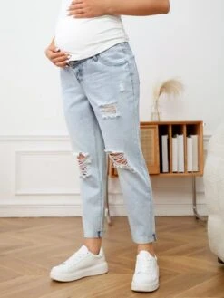 SHEIN Maternity Wideband Waist Ripped Frayed Jeans -SHEIN STORE 1679275569e96213840bed92fc382953b17cf917b9 thumbnail 405x552