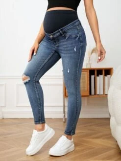 SHEIN Maternity Wideband Waist Ripped Frayed Skinny Jeans