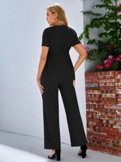 SHEIN Maternity Solid Belted Tee & Adjustable Waist Pants Set