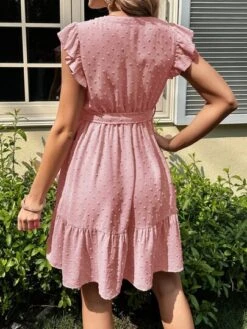 SHEIN Maternity Swiss Dot Ruffle Trim Belted Dress