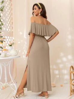 Maternity Off Shoulder Split Hem Ruffle Trim Dress
