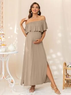 Maternity Off Shoulder Split Hem Ruffle Trim Dress -SHEIN STORE 16792970992a4c7bb1013dc6028b3407be544cecb6 thumbnail 405x552