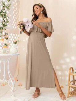 Maternity Off Shoulder Split Hem Ruffle Trim Dress -SHEIN STORE 1679297100f2dafb0f70c5496d30d208cf60a24aa6 thumbnail 405x552