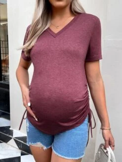 SHEIN Maternity Drawstring Side V Neck Tee -SHEIN STORE 167936333896f673a0ea139dfdf5f6f6e8936b6f9f thumbnail 405x552
