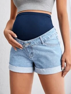 SHEIN Maternity Adjustable Elastic Waist Roll Up Hem Denim Shorts