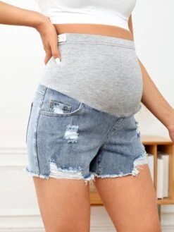 SHEIN Maternity Wideband Waist Ripped Raw Hem Denim Shorts