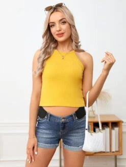 SHEIN Maternity Raw Cut Roll Up Hem Denim Shorts