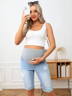 SHEIN Maternity Ripped Roll Up Hem Denim Shorts