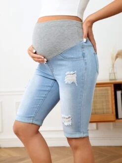 SHEIN Maternity Ripped Roll Up Hem Denim Shorts -SHEIN STORE 1679377034eb95566f3f7f4190c6dc94d6aff0ed4a thumbnail 405x552