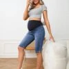 SHEIN Maternity Wideband Waist Bleach Wash Slit Hem Denim Shorts