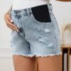 SHEIN Maternity Contrast Panel Ripped Raw Cut Denim Shorts