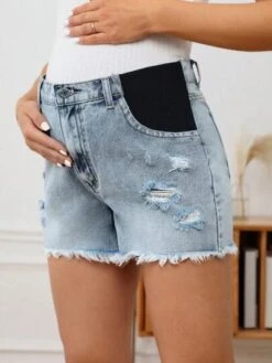SHEIN Maternity Contrast Panel Ripped Raw Cut Denim Shorts