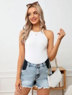 SHEIN Maternity Contrast Panel Ripped Raw Cut Denim Shorts -SHEIN STORE 1679533349c0725e35b0162d31df91792ace95ab6c thumbnail 405x552