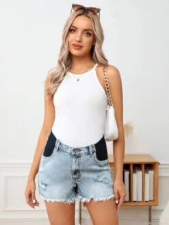 SHEIN Maternity Contrast Panel Ripped Raw Cut Denim Shorts -SHEIN STORE 1679533352a6e15da87ce53f0fd8feecbdc275f209 thumbnail 405x552