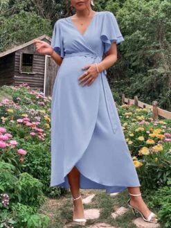 SHEIN Maternity Butterfly Sleeve Belted Wrap Dress -SHEIN STORE 16795553842687b0997a3b8b6f02395374fd5fbb9f thumbnail 405x552