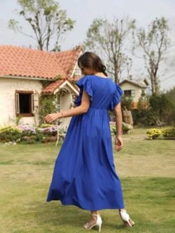 Maternity Solid Butterfly Sleeve Surplice Neck Dress