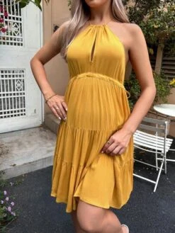 SHEIN Maternity Solid Ruffle Hem Halter Dress -SHEIN STORE 16798846108f8cd95a8002682fa6566196ec29fab0 thumbnail 405x552