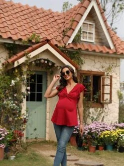 Maternity Twist Front Butterfly Sleeve Tee -SHEIN STORE 1679909593477e9ec2eab8d91c3a975e1afd782c2b thumbnail 405x552