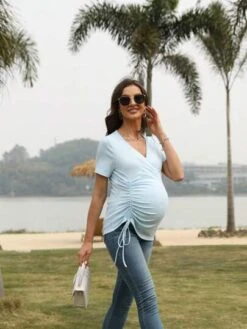 Maternity Surplice Neck Drawstring Side Tee -SHEIN STORE 1680153081921e8fbfdb8da37263461dc283263f67 thumbnail 405x552