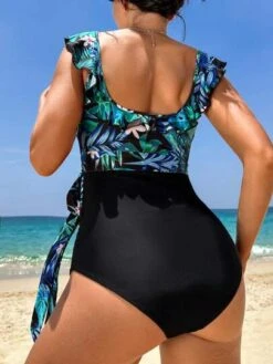 SHEIN Maternity Tropical Print Ruffle Trim Knot Side One Piece Swimsuit
