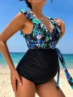 SHEIN Maternity Tropical Print Ruffle Trim Knot Side One Piece Swimsuit -SHEIN STORE 1680229187c7de343737af911baab07aabb26f22da thumbnail 405x552