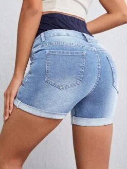 SHEIN Maternity Wideband Waist Ripped Roll Up Hem Denim Shorts