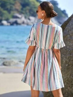 SHEIN Maternity Striped Print Guipure Lace Panel Tassel Tie Front Flounce Sleeve Dress