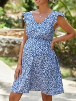 SHEIN Maternity Ditsy Floral Tie Backless Ruffle Trim Dress