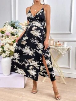 SHEIN Maternity Floral Print Split Thigh Cami Dress