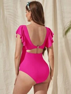SHEIN Maternity Twist Cut Out Ruffle Trim One Piece Swimsuit