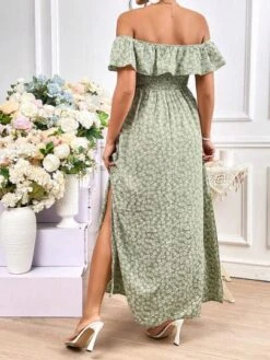 SHEIN Maternity Ditsy Floral Print Off Shoulder Ruffle Trim Split Thigh Dress