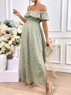 SHEIN Maternity Ditsy Floral Print Off Shoulder Ruffle Trim Split Thigh Dress -SHEIN STORE 168086206010010907d4ccf5777da2e13256f9111a thumbnail 405x552
