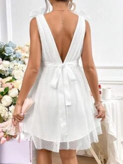 SHEIN Maternity Bow Shoulder Dobby Mesh Overlay Belted Dress