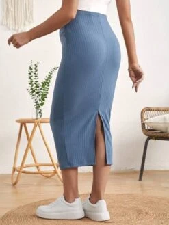 SHEIN Maternity Adjustable Waist Split Thigh Rib-knit Pencil Skirt