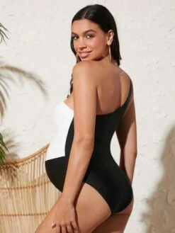 SHEIN Maternity Two Tone One Shoulder Mesh Insert One Piece Swimsuit