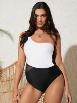 SHEIN Maternity Two Tone One Shoulder Mesh Insert One Piece Swimsuit -SHEIN STORE 16811787326c83b0f43e21bd7ef48bc3330d2a2c03 thumbnail 405x552