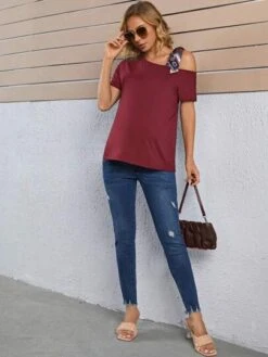 SHEIN Maternity Asymmetrical Neck Knot Shoulder Tee -SHEIN STORE 1681696012c47335947293a94a55898e48e54e45ef thumbnail 405x552