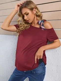 SHEIN Maternity Asymmetrical Neck Knot Shoulder Tee -SHEIN STORE 1681696015b5301d840f086c122c32b959f60ee0e3 thumbnail 405x552