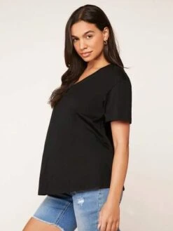SHEIN BASICS Maternity 100% Cotton V-neck Drop Shoulder Solid Tee -SHEIN STORE 1681700994b3f4d701c393c0b2ad8485f5df413d23 thumbnail 405x552