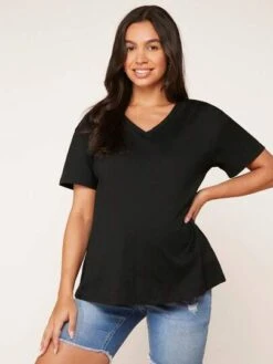 SHEIN BASICS Maternity 100% Cotton V-neck Drop Shoulder Solid Tee -SHEIN STORE 1681700997dece85c669f7d50d7c9f59febfbb44ce thumbnail 405x552