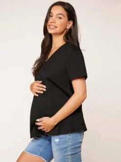 SHEIN BASICS Maternity 100% Cotton V-neck Drop Shoulder Solid Tee -SHEIN STORE 1681701001f7c5c417f68619d09369c64a81d1c276 thumbnail 405x552