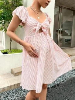 SHEIN Maternity Striped Print Knot Front Dress -SHEIN STORE 1681781684e1b3f8ed1f1b7115b532fa9c5f354f00 thumbnail 405x552