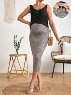 SHEIN Maternity Button Front Nursing Tank Top & Adjustable Waist Allover Print Skirt